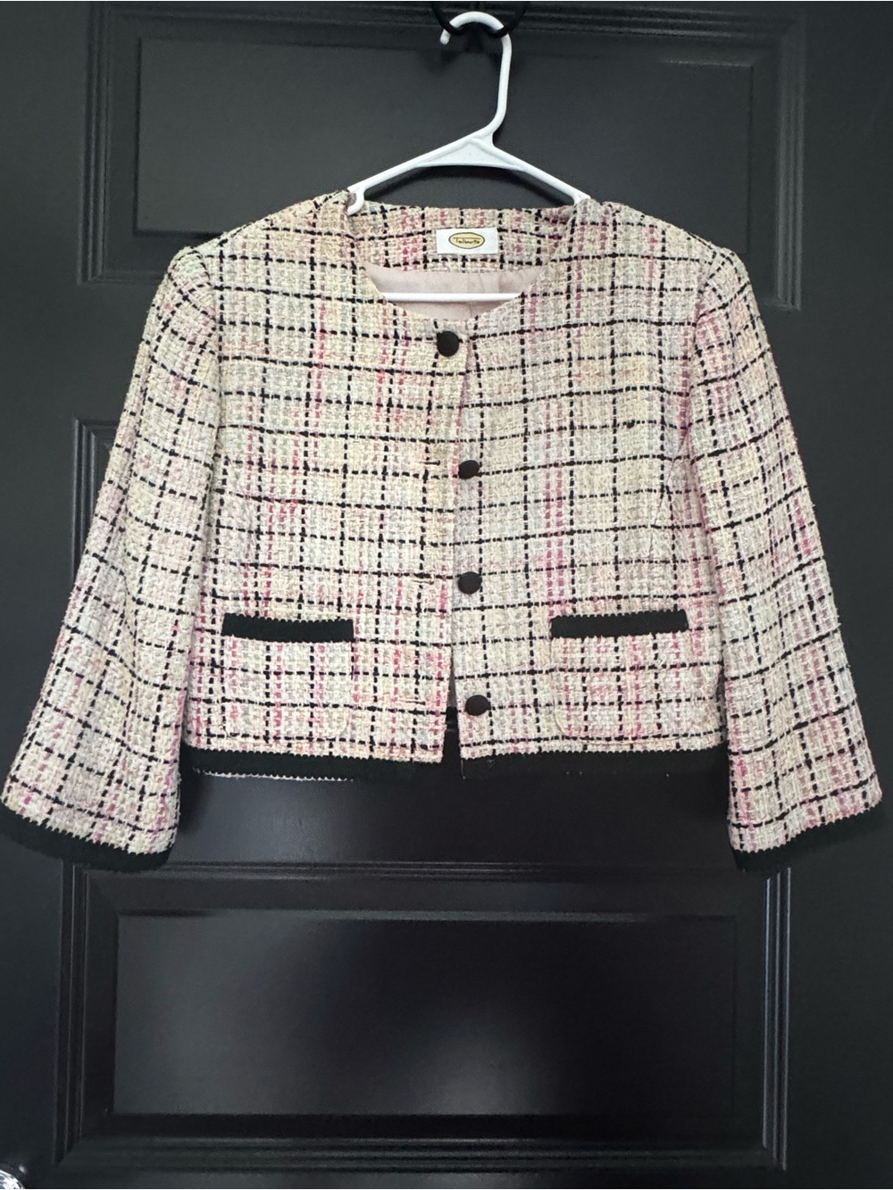 Classic Tweed Cropped Jacket in Cream, Pink and Black